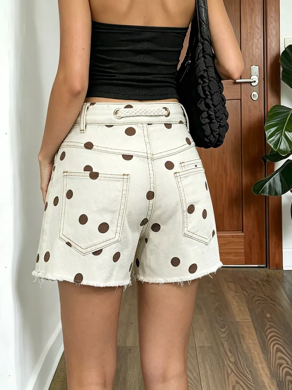 Polka Dot Denim Shorts with Braided Drawstring, image 2