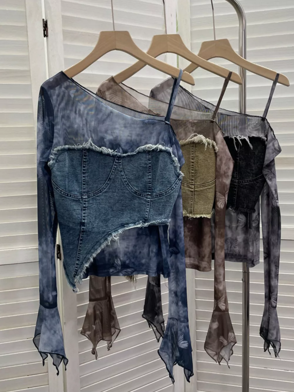 Asymmetrical Neck Denim Patchwork Top, image 2
