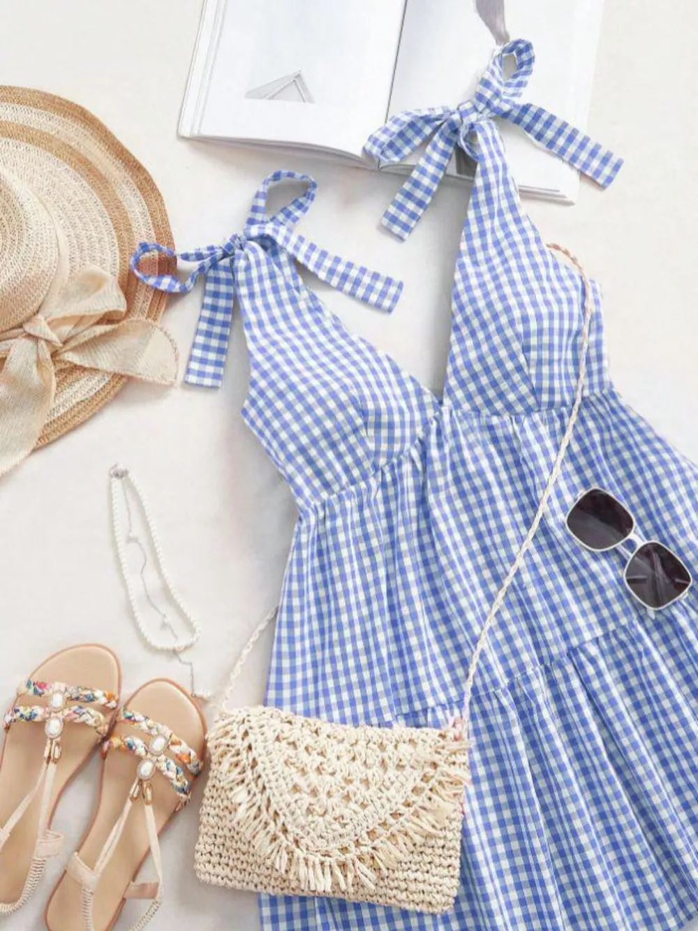 Gingham Tie-Shoulder Ruffle Hem Mini Dress, image 7
