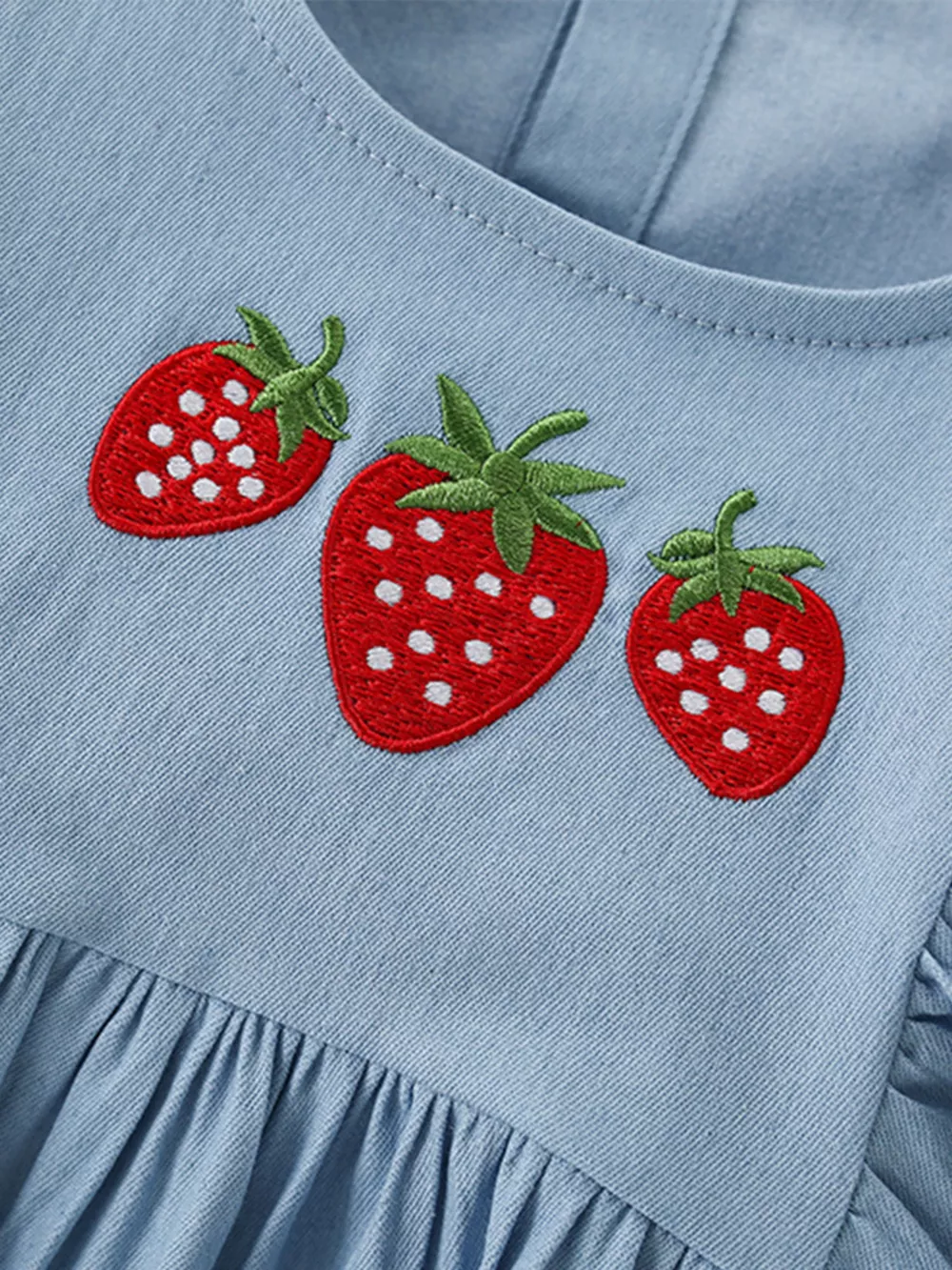 Children's Strawberry Embroidered Puff Sleeve Denim Dress, image 3