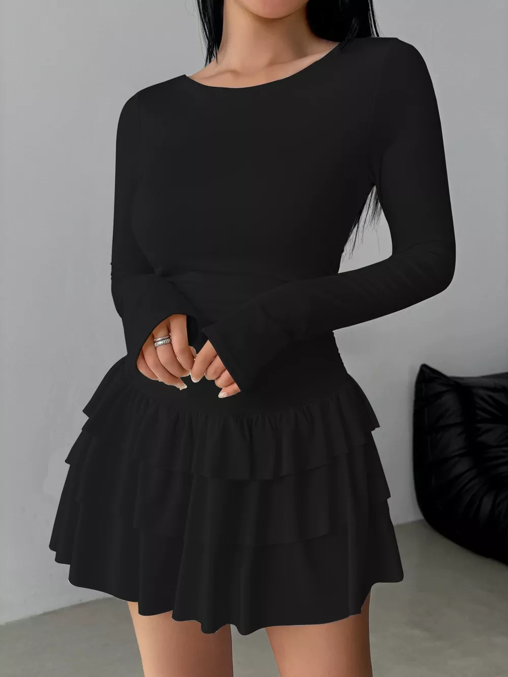 Ruched Long Sleeve Layered Ruffle Mini Dress, image 11