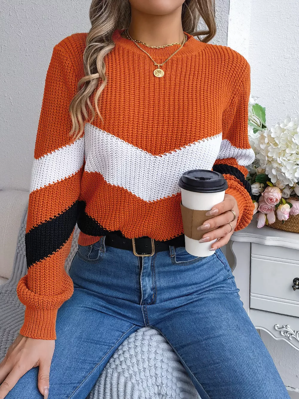 Chevron Stripe Color Block Round Neck Sweater, image 2