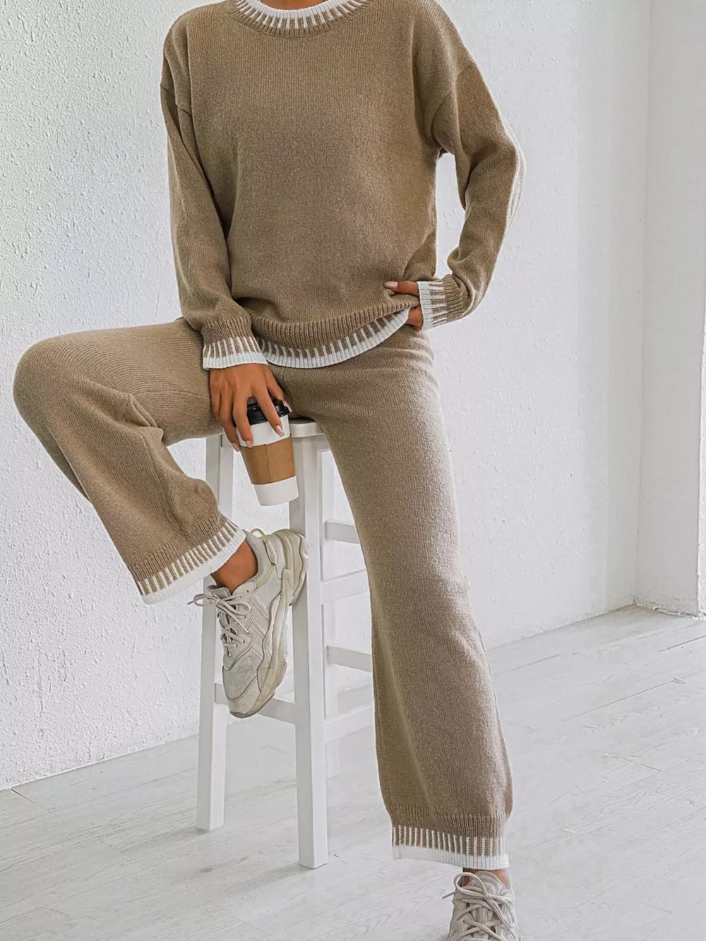 Contrast Trim Crew Neck Sweater and Pants Set, image 4