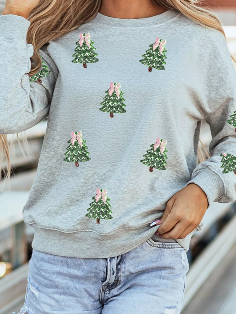 Sequined Christmas Tree Patched Patterned Holiday Pullover Sweatshirt, image 2