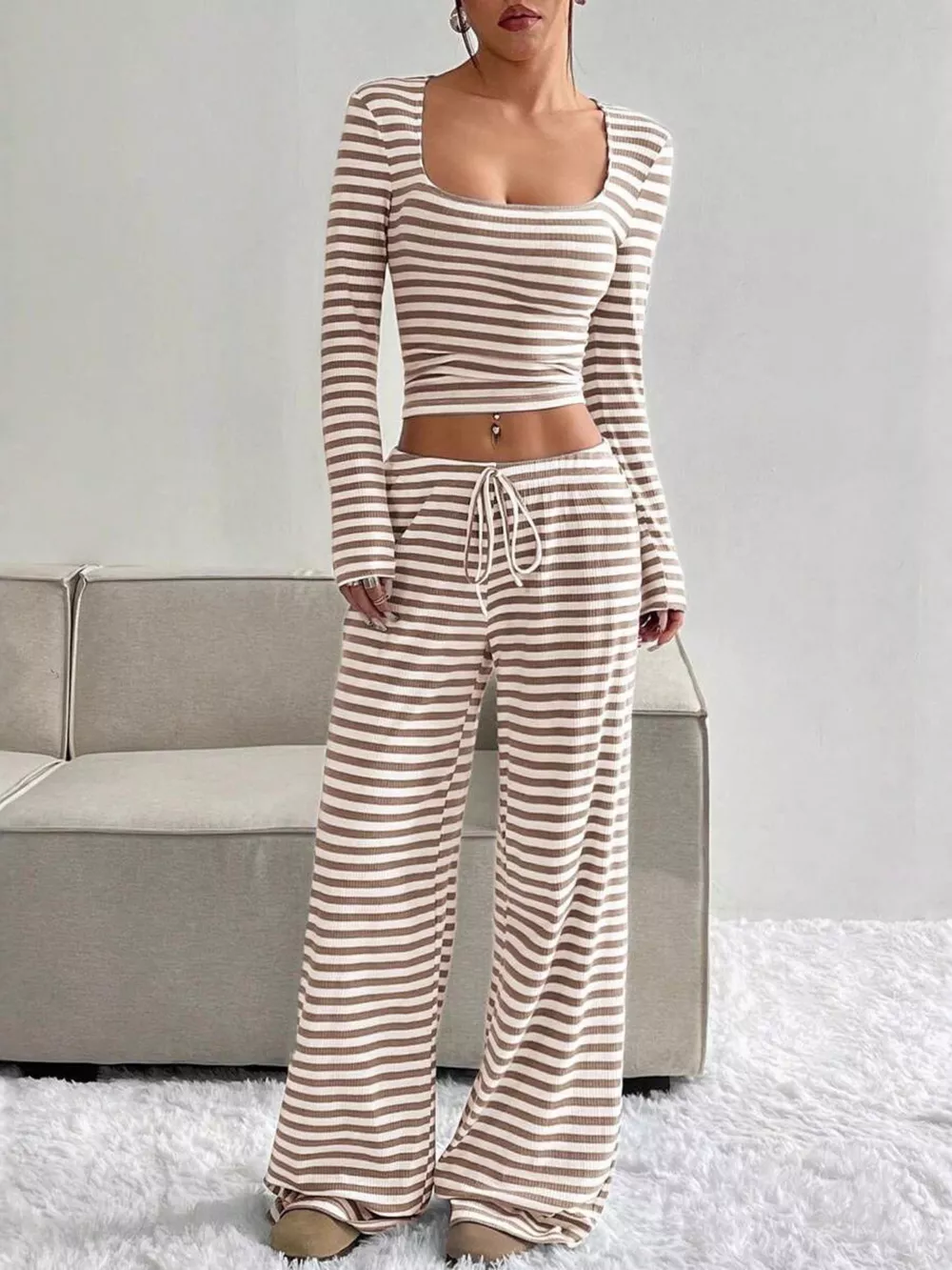 Striped Long Sleeve Crop Top & Wide Leg Pants Set, image 7