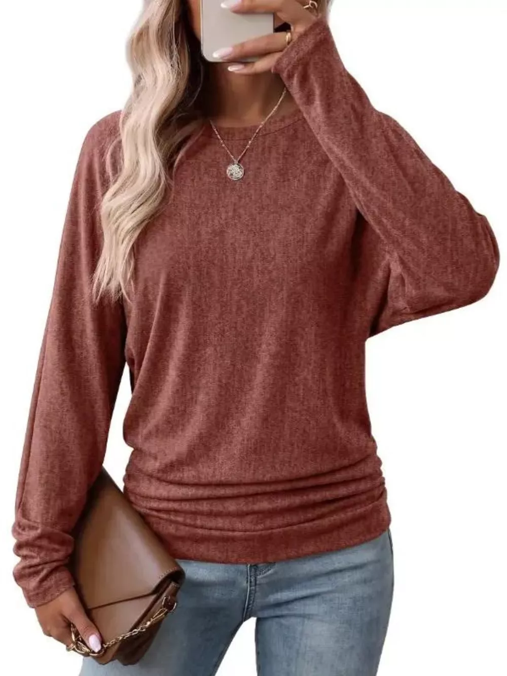 Long Sleeve Crew Neck Casual T-Shirt with Ruched Hem, image 15