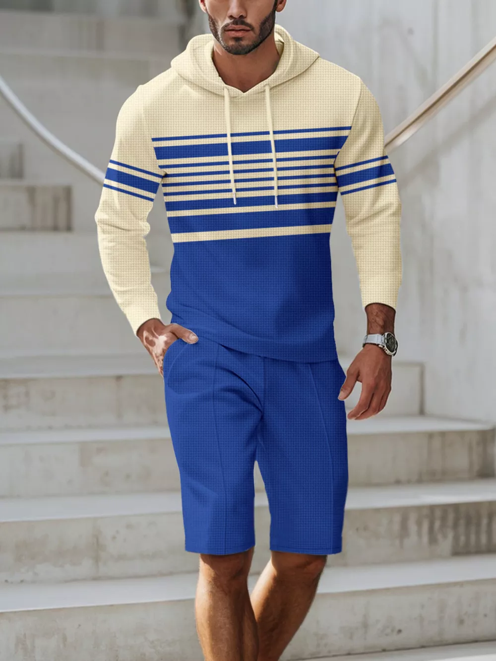 Men's Full Size Striped Hoodie & Shorts Casual Set Plus Size, image 12