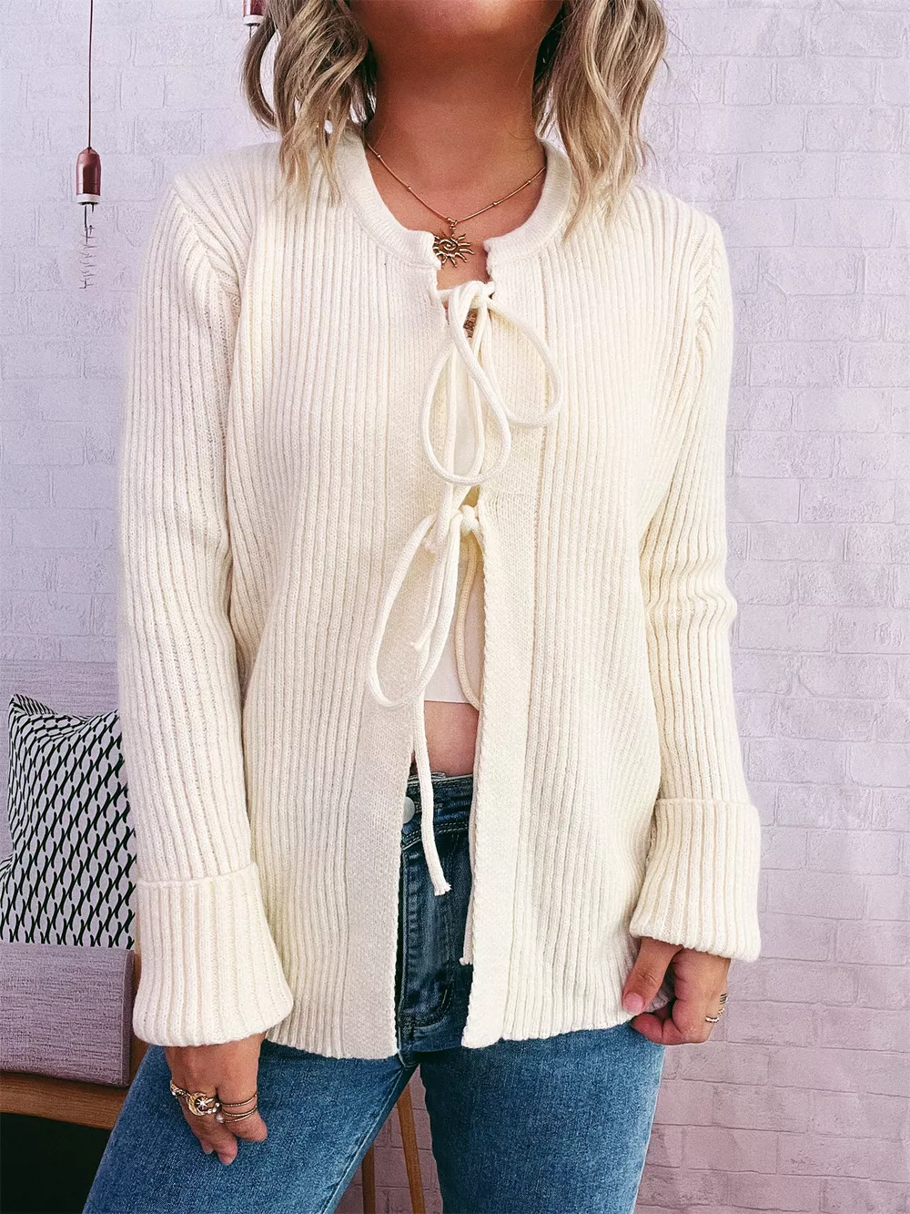 Ribbed Tie Front Long Sleeve Cardigan, image 2