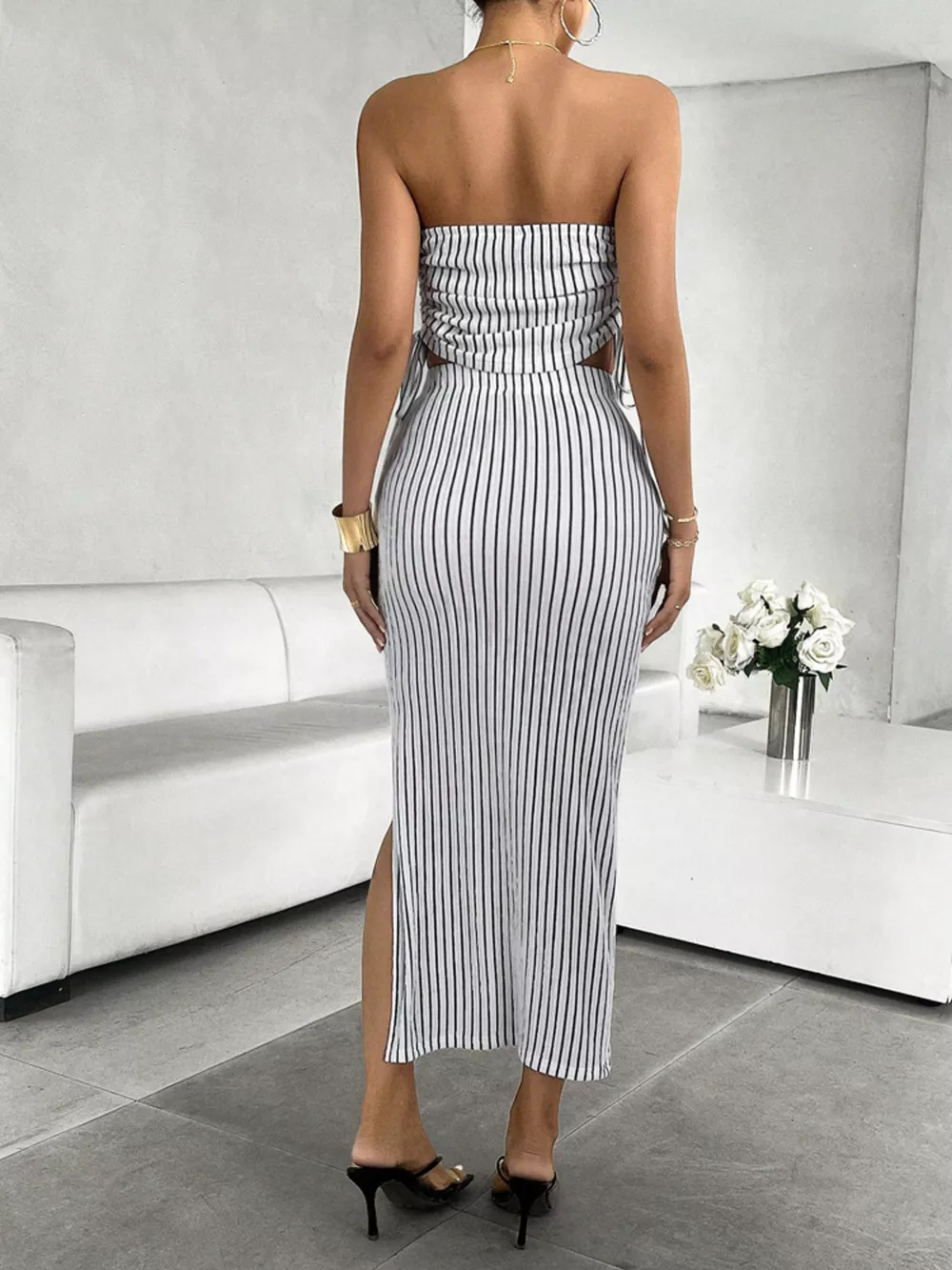 Striped Tube Top and Slit Skirt Set, image 6