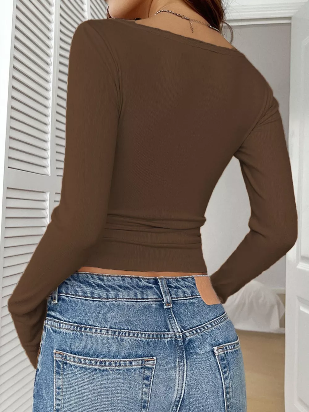 Ribbed Knit Lace Trim Long Sleeve T-Shirt, image 26