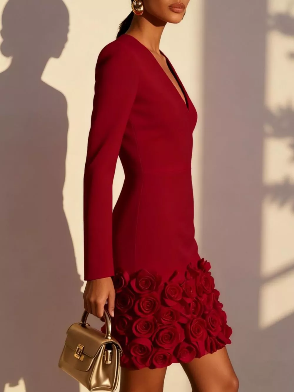 V-Neck Long Sleeve Mini Dress with 3D Rose Floral Hem, image 12