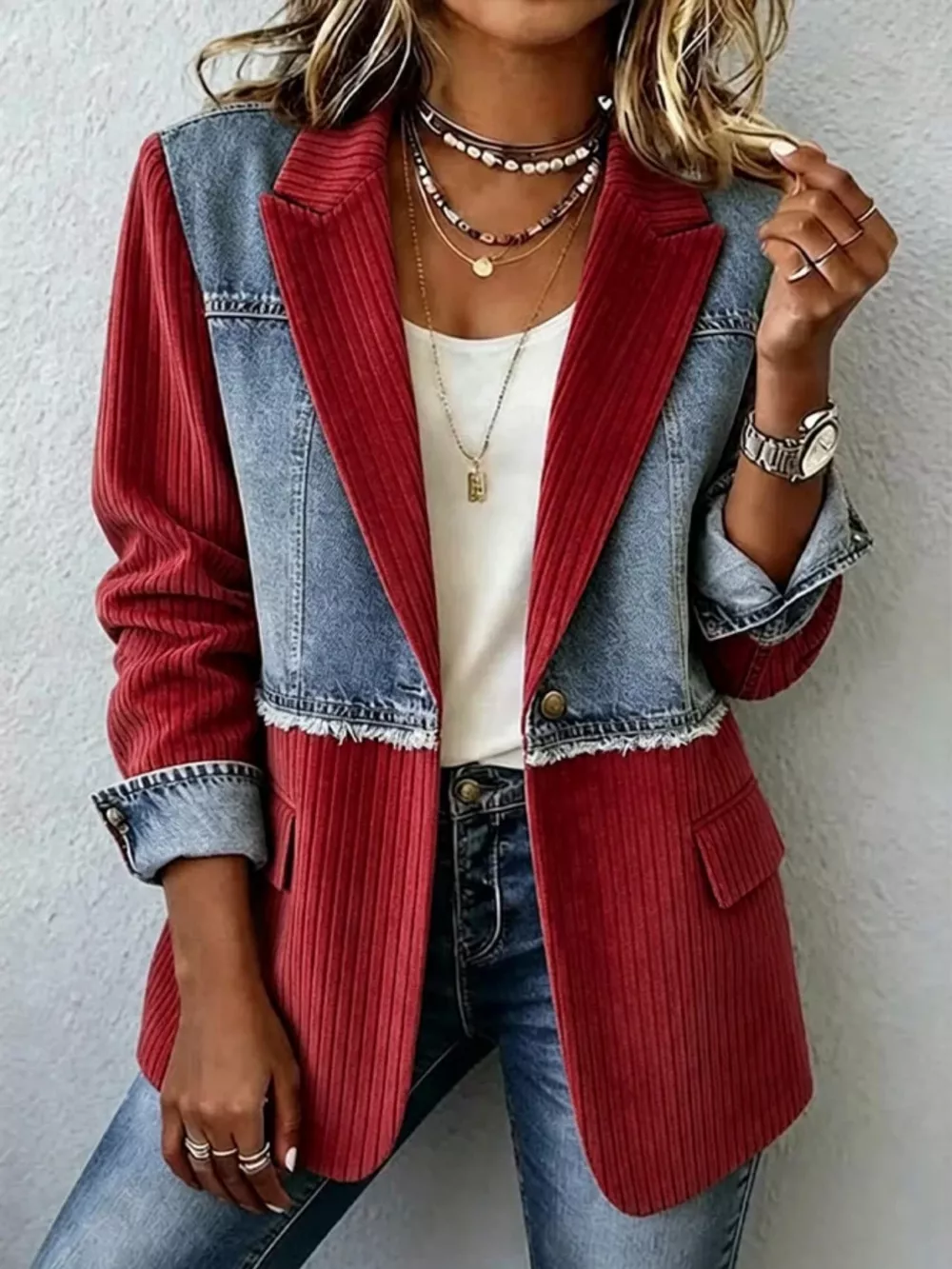 Full Size Patchwork Denim Ribbed Blazer Plus Size, image 13