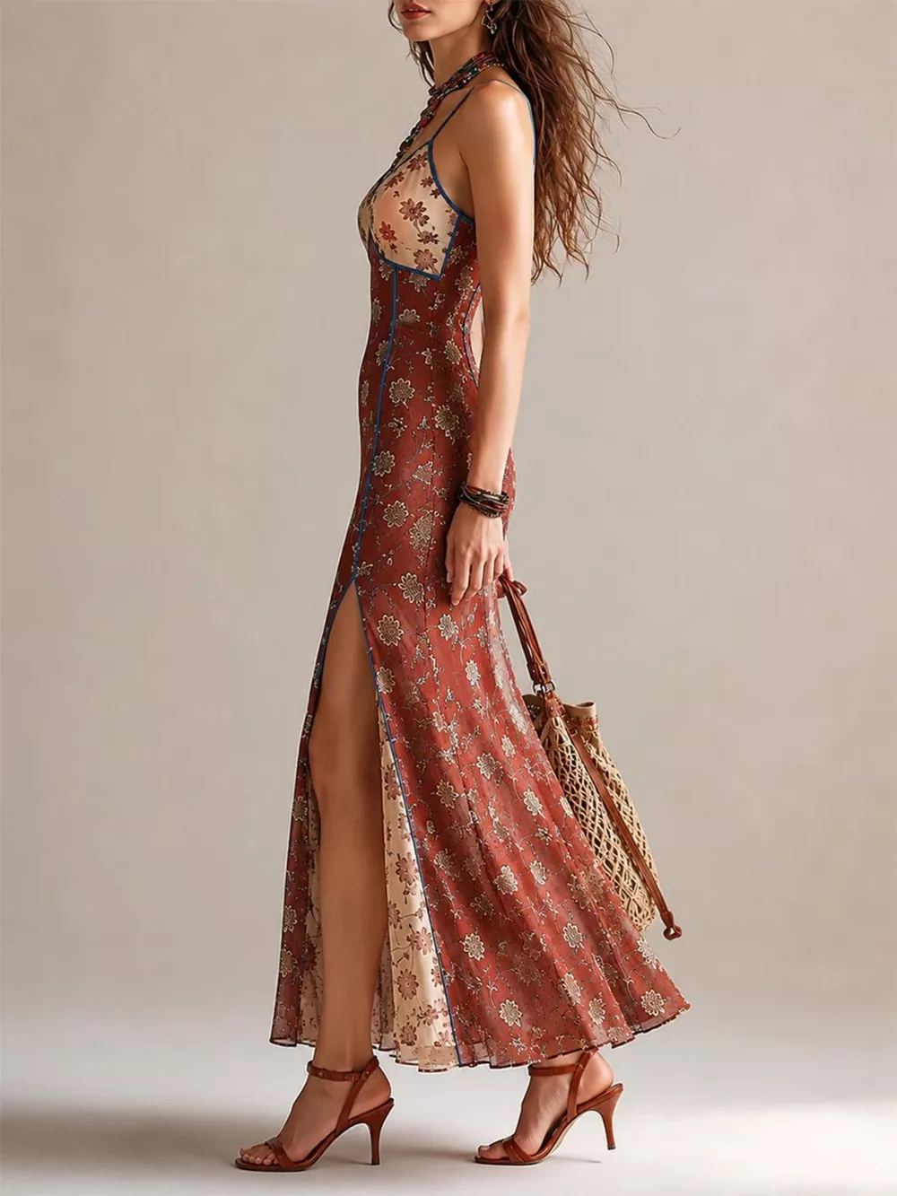 Floral Print Spaghetti Strap Maxi Dress with High Slit, image 3
