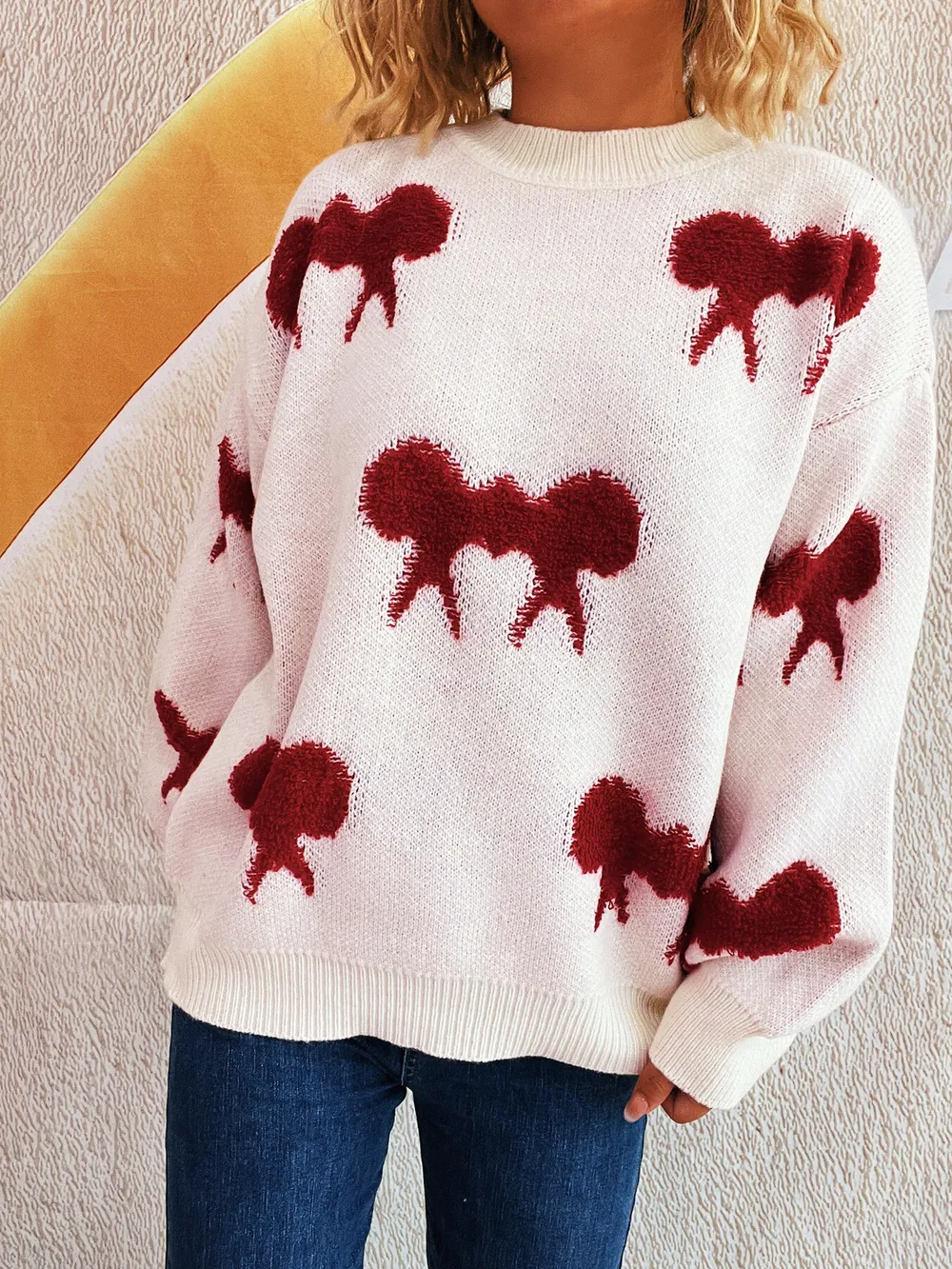 Bow Pattern Round Neck Sweater, image 24