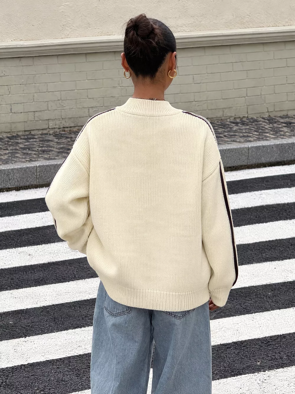 Chinese Knot Button Cardigan with Contrast Side Stripes, image 6