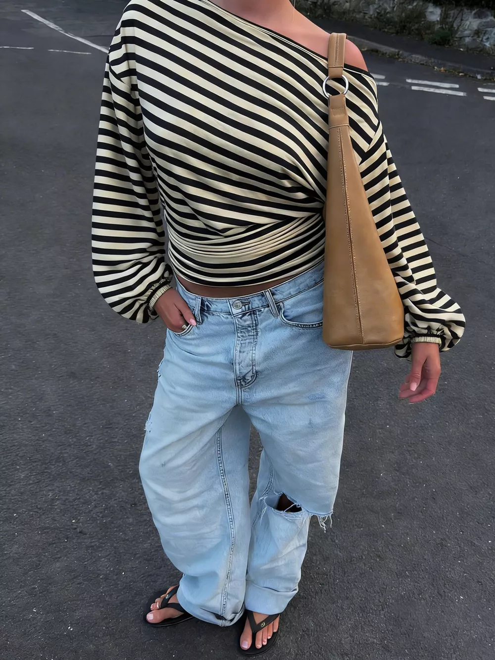One Shoulder Striped Long Sleeve Slim-Fit T-Shirt, image 4
