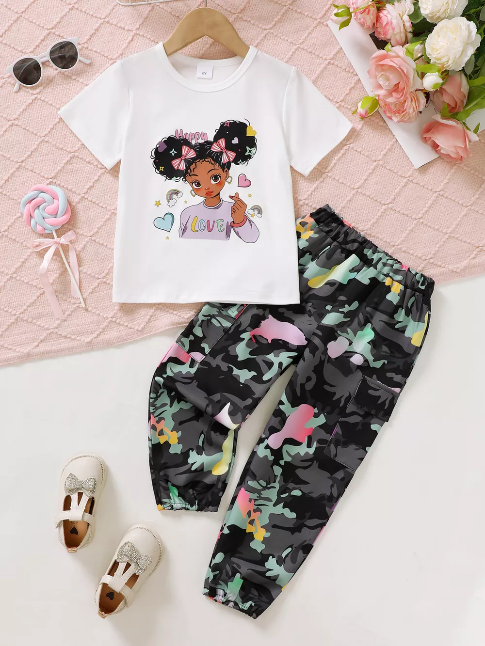 Children's Cartoon Girl T-Shirt & Camo Pants Set, image 2