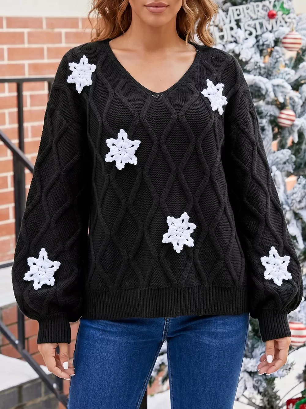 Snowflake Textured V-Neck Sweater, image 6