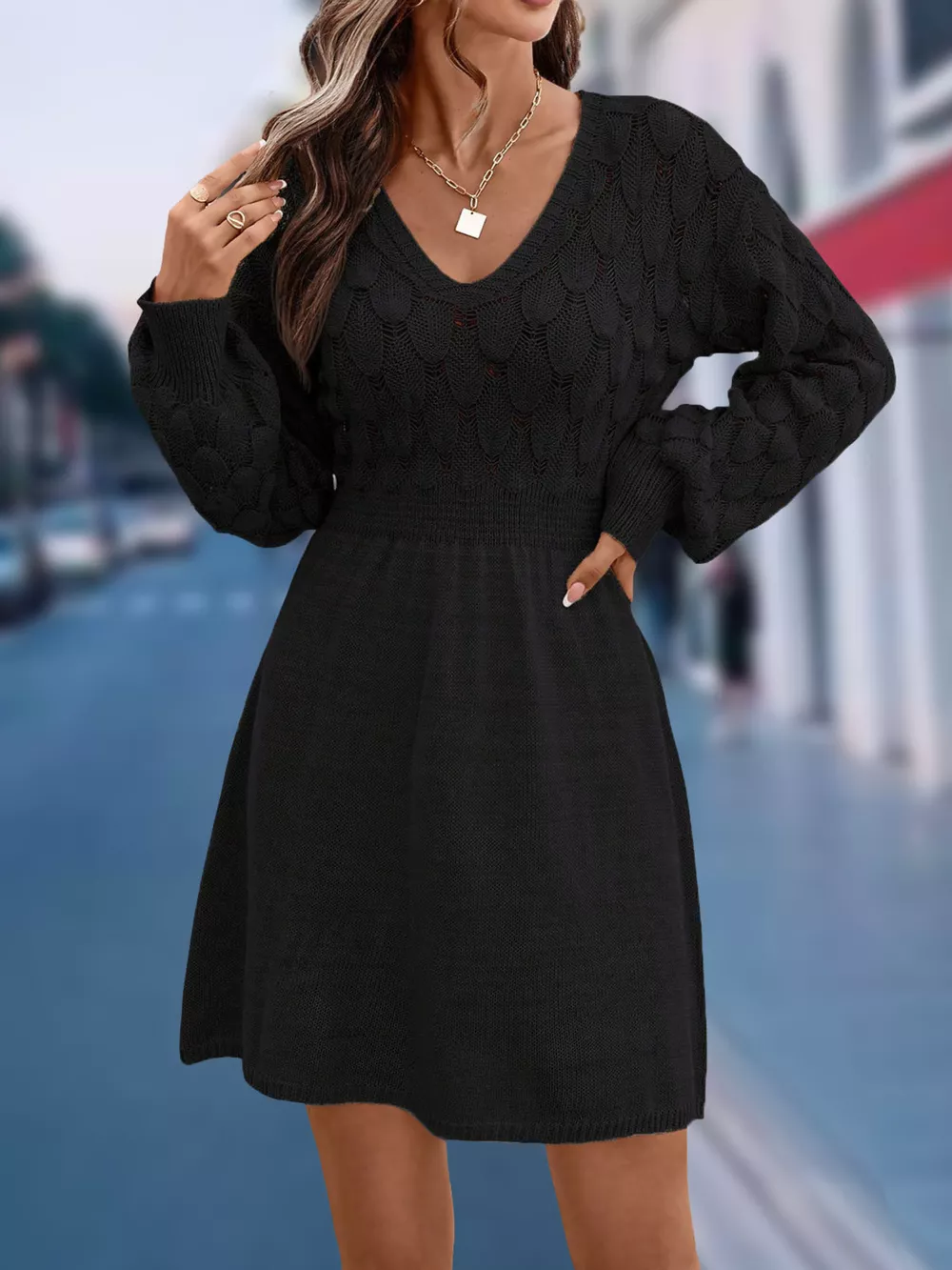 V-Neck Long Sleeve Sweater Dress, image 8