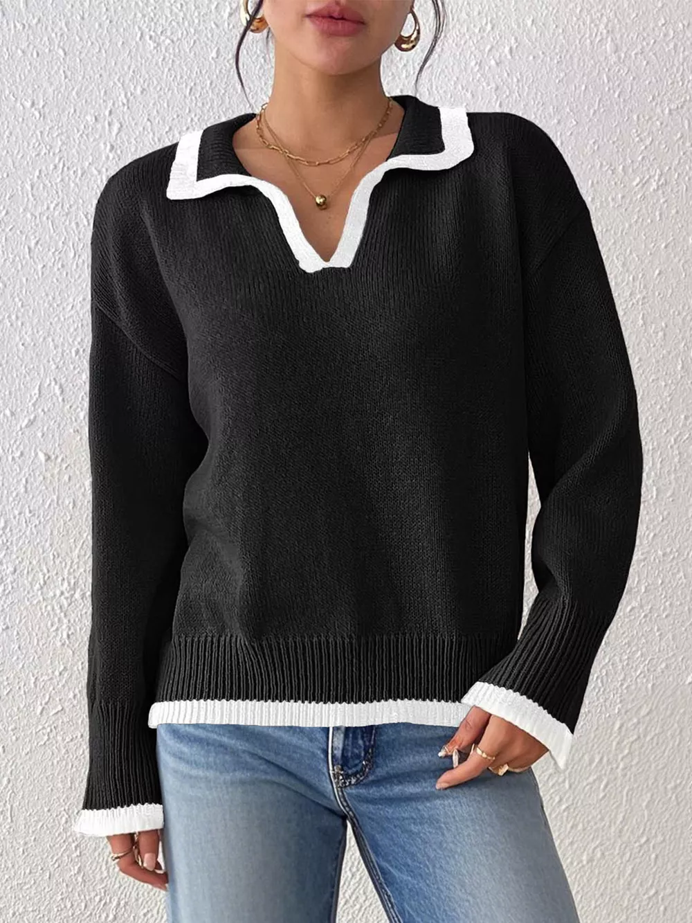 Contrast Trim Polo Collar Sweater