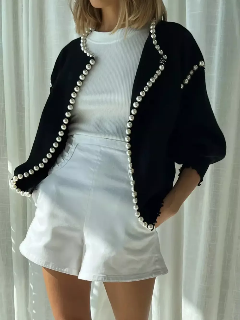Pearl Trimmed Open Front Cardigan, image 2