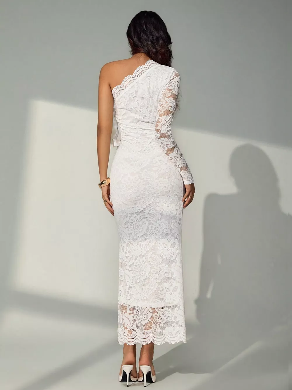 One-Shoulder Lace Cut-Out Midi Dress, image 3
