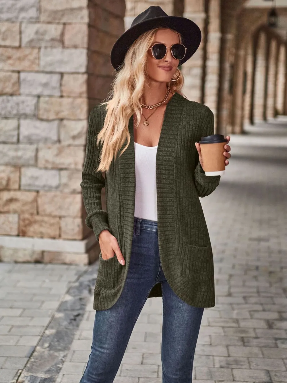 Ribbed Open Front Long Cardigan with Pockets, image 22