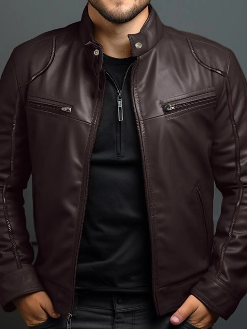 Men's Full Size Leather Motorcycle Jacket with Zipper Front Plus Size, image 2