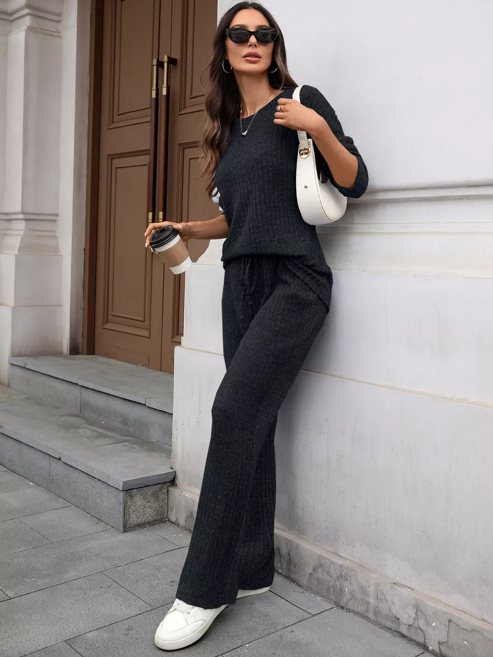 Ribbed Round Neck Top and Pants Set, image 16