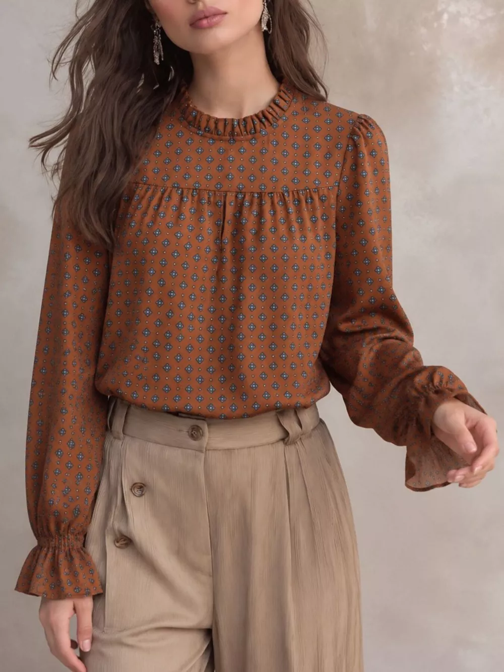 Geometric Print Mock Neck Puff Sleeves Blouse, image 2