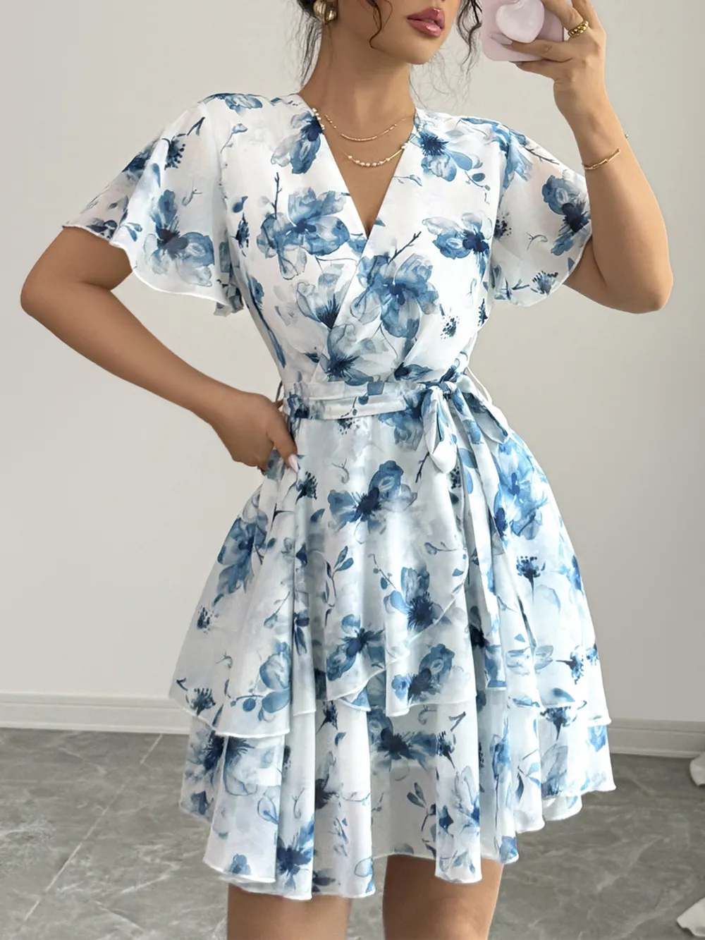Printed Surplice Layered Mini Dress
