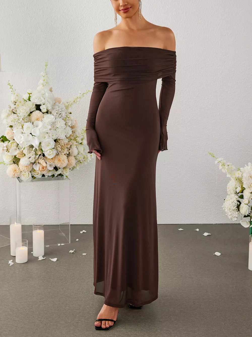 Off-Shoulder Ruched Long Sleeve Maxi Dress, image 21