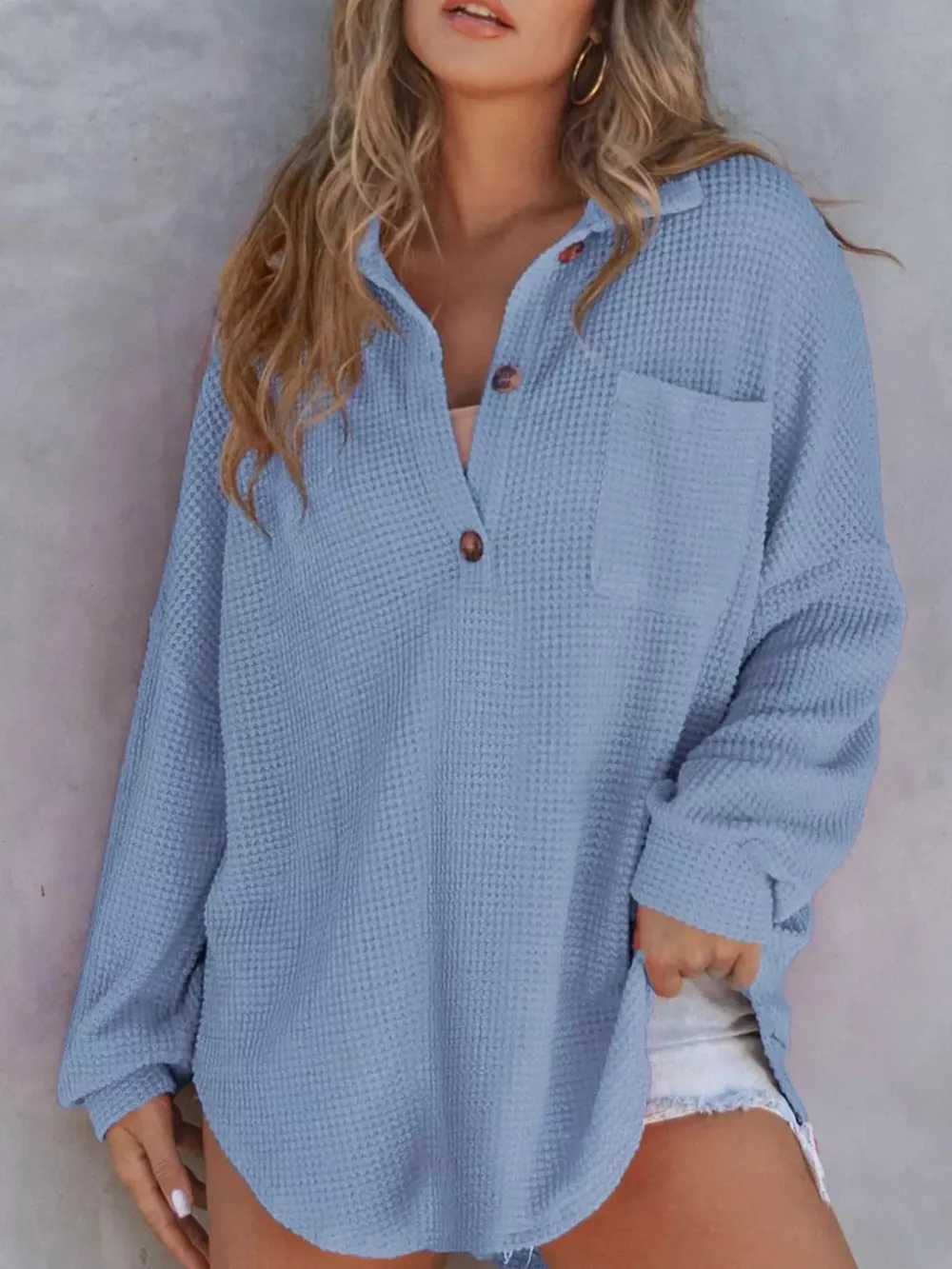 Waffle Knit Button Detail T-Shirt with Pocket, image 8