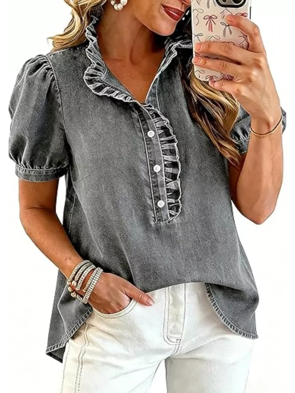 Frill Puff Sleeve Denim Top, image 5