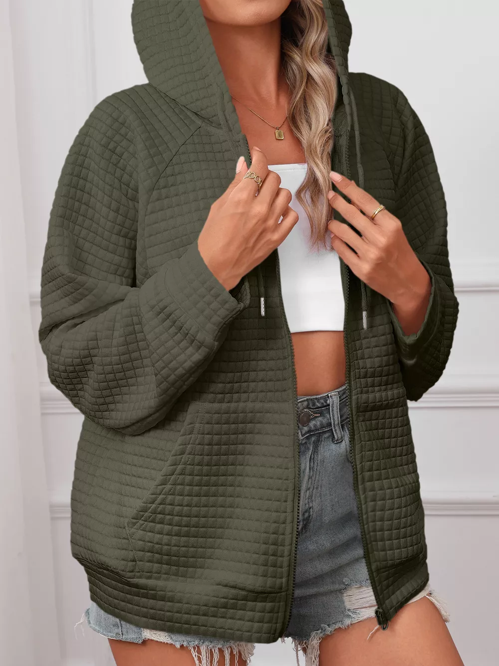Full Size Textured Quilted Zip-Up Hooded Jacket Plus Size, image 19