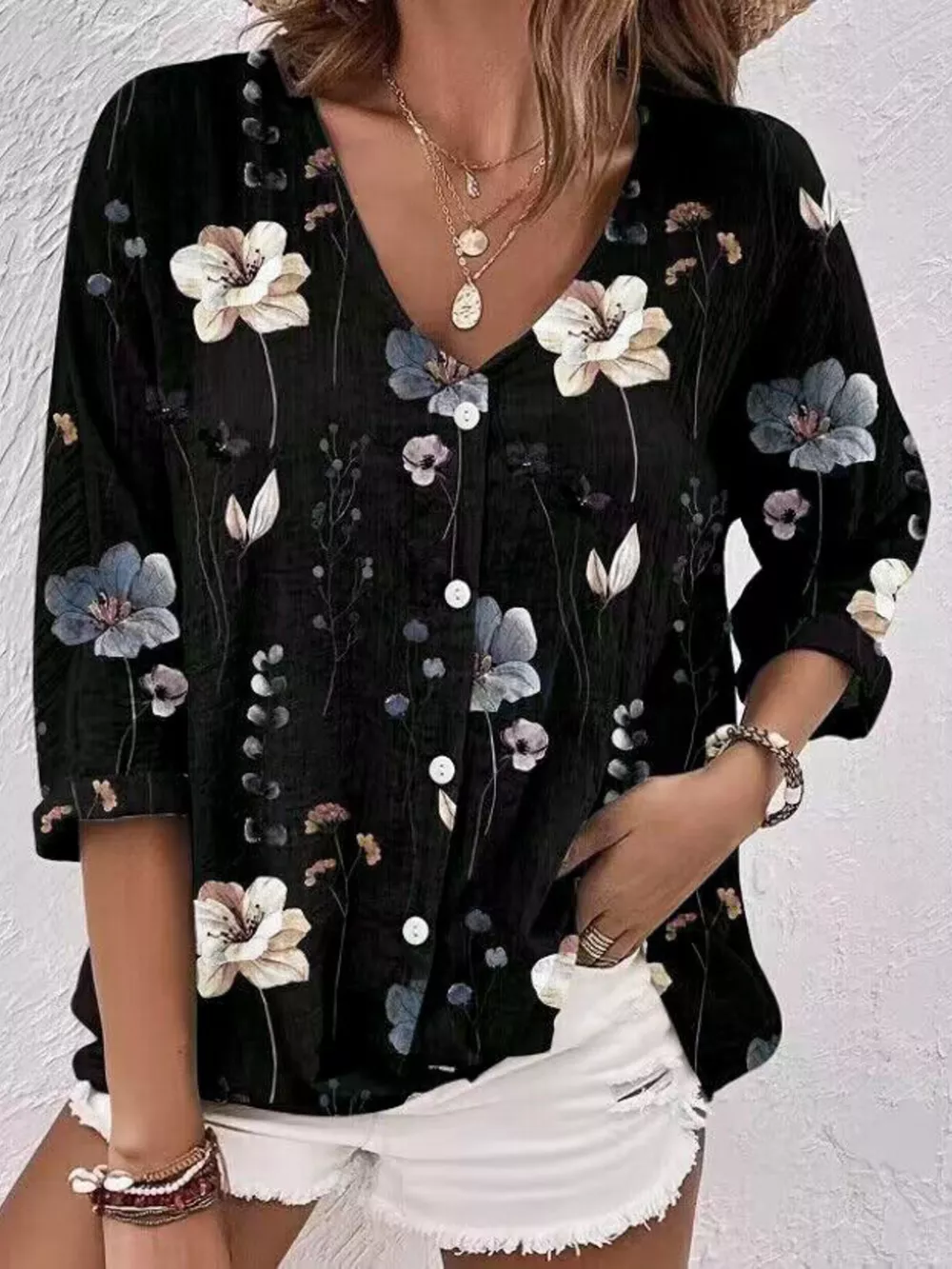 Floral Print V-Neck Button-Down Shirt, image 10