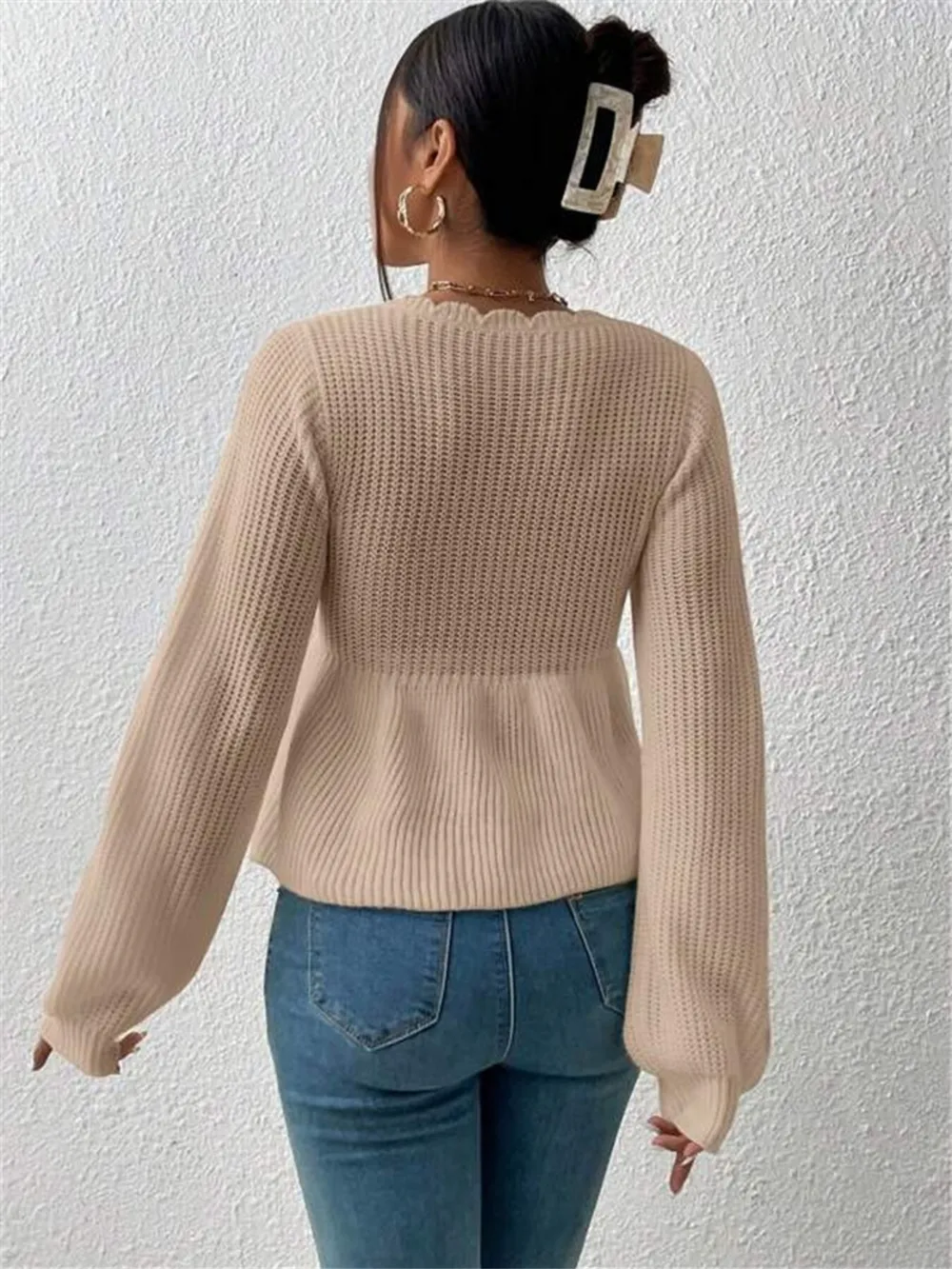 Scalloped V-Neck Drawstring Knit Top, image 12