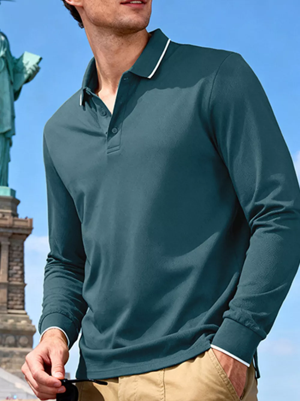 Men's Full Size Classic Long-Sleeve Polo Shirt with Contrast Trim Plus Size, image 2