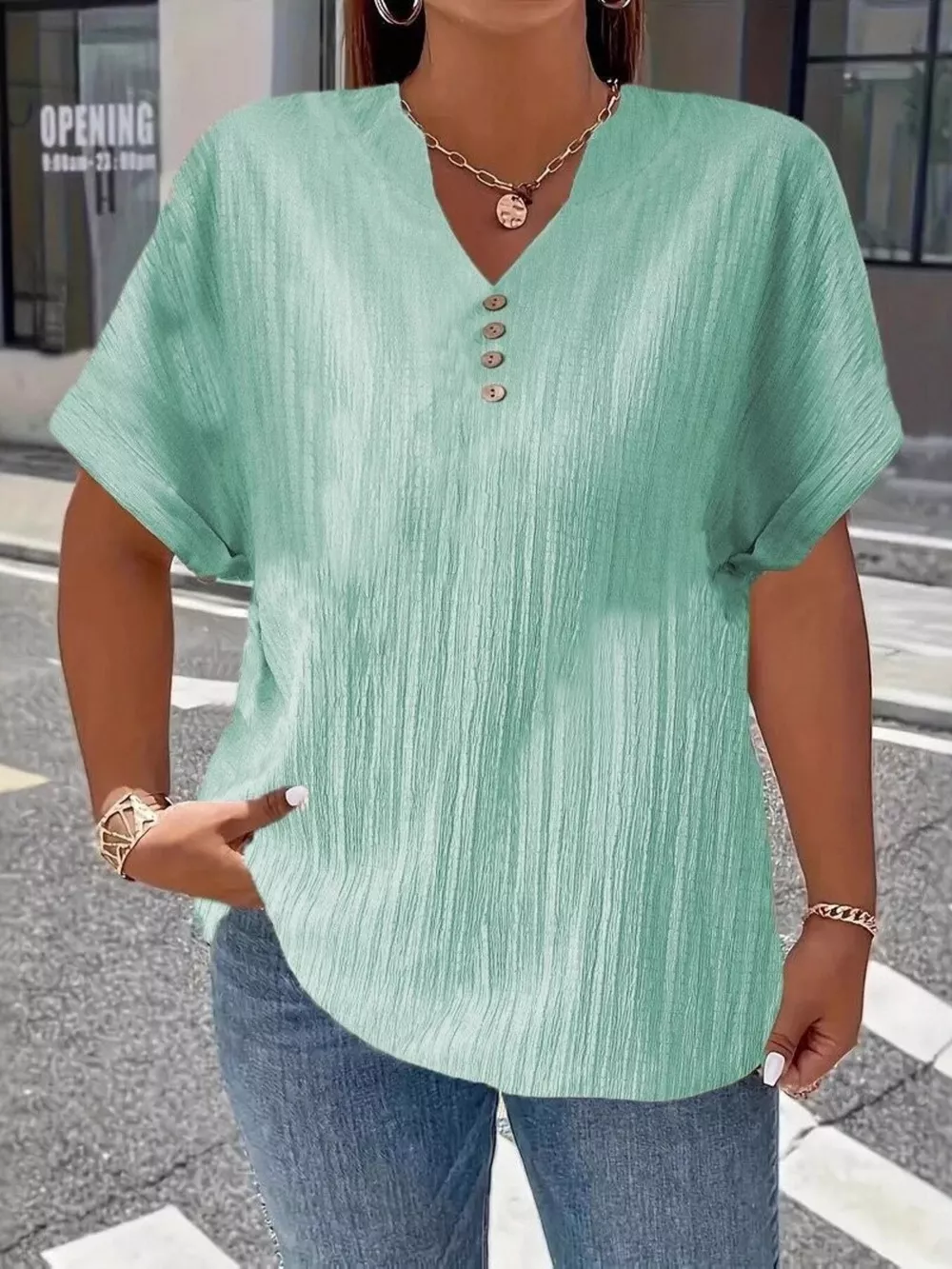 Plus Size Notched Short Sleeve Textured Top, image 15