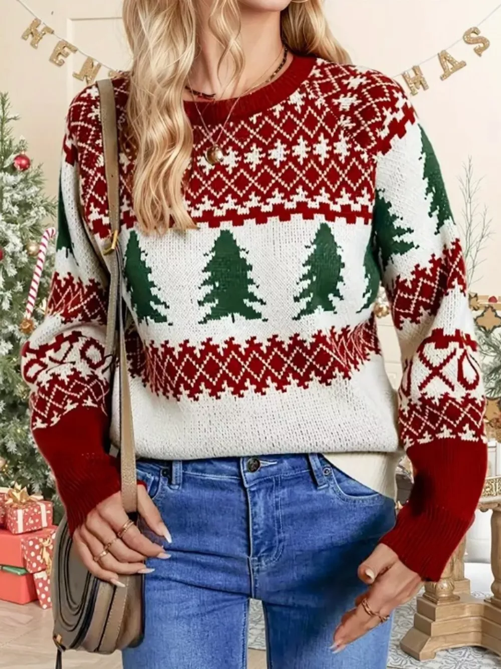 Christmas Tree Pattern Round Neck Sweater, image 3