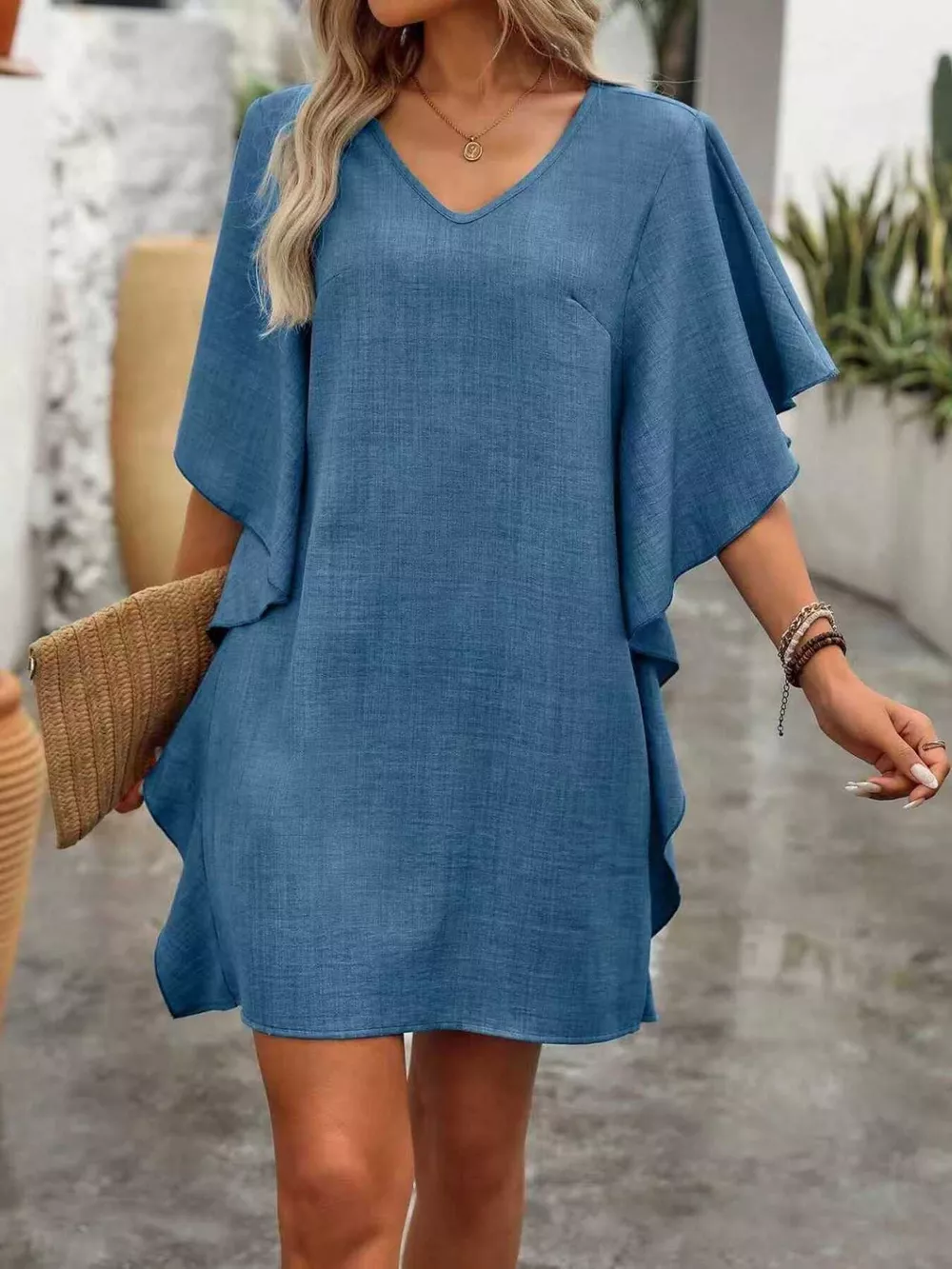 Flowy Sleeve V-Neck Casual Mini Dress, image 2