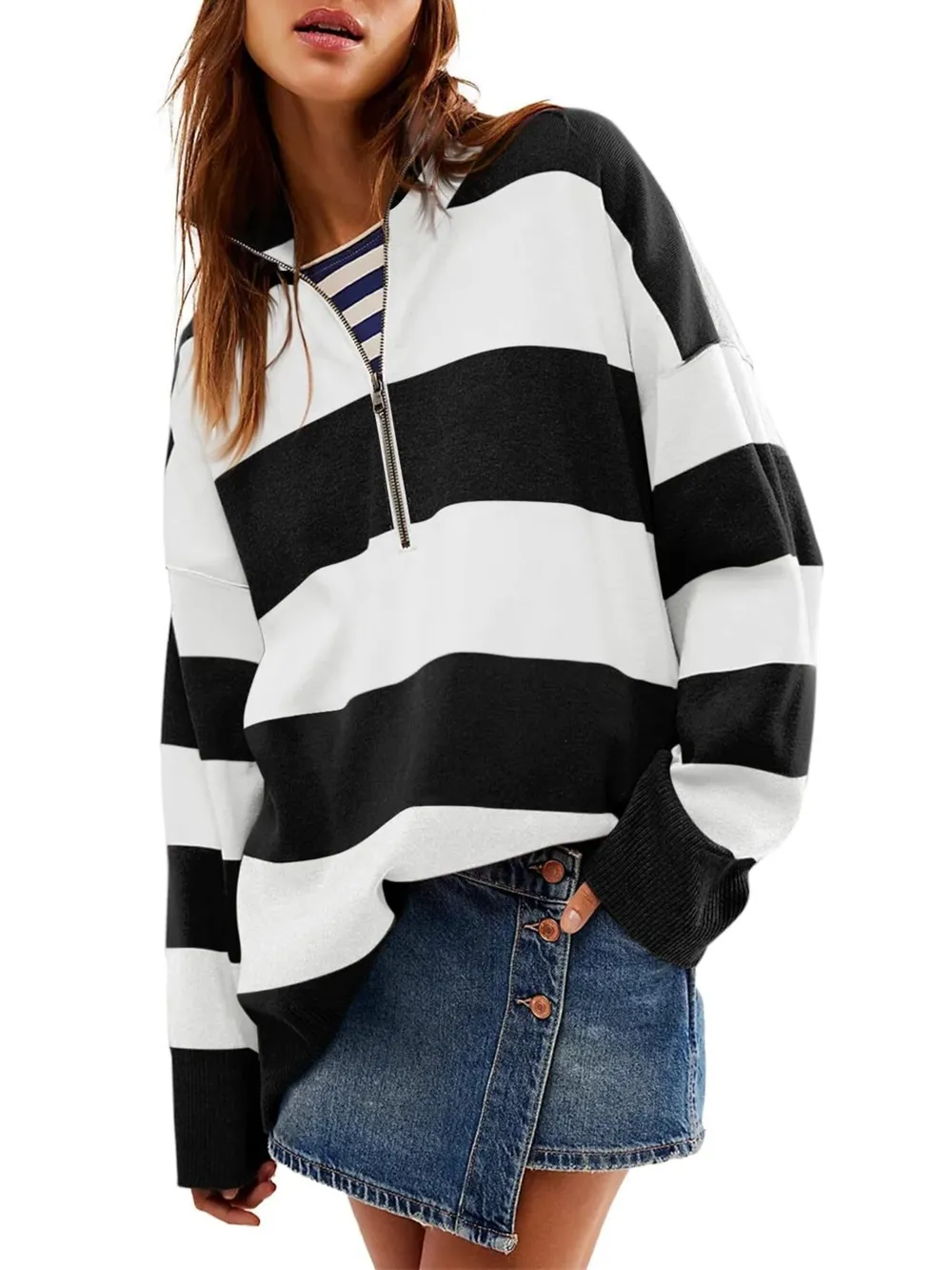 Striped Half-Zip Oversized Sweatshirt, image 10