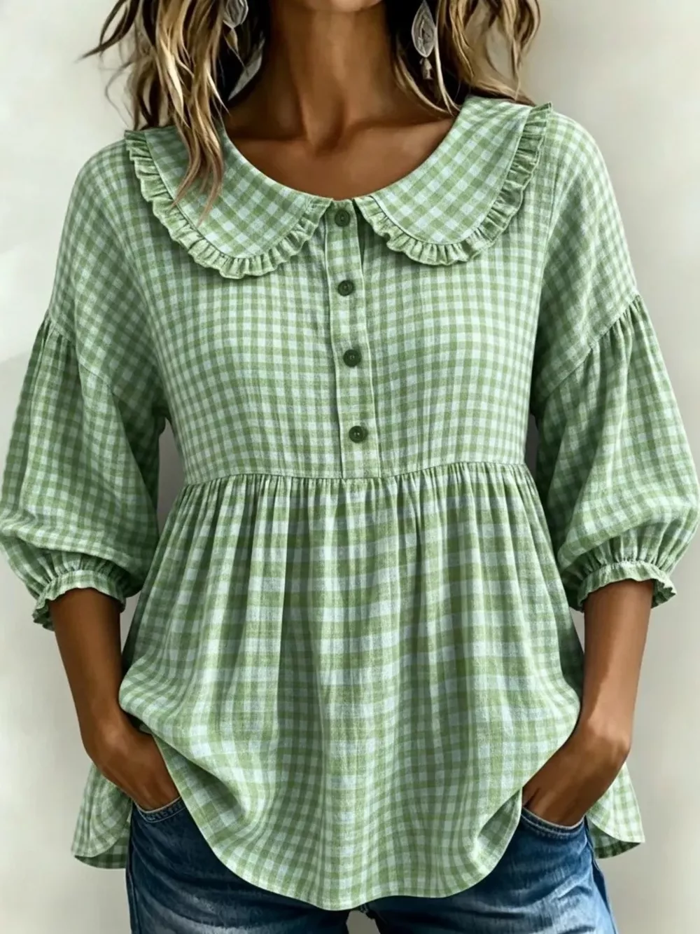 Full Size Gingham Peter Pan Collar Blouse Plus Size, image 6