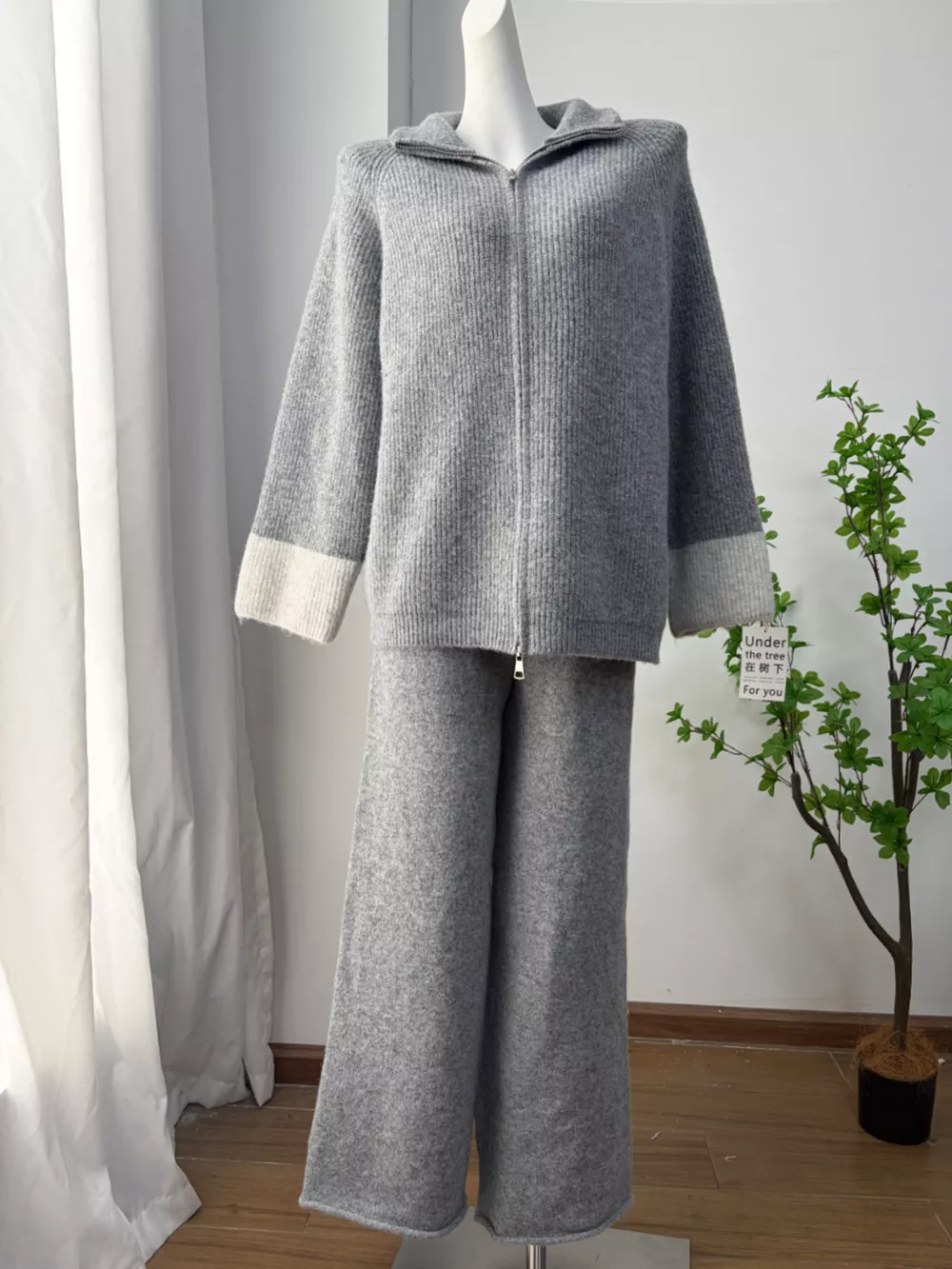 Zip-Up Contrast Cuff Cardigan and Pants Sweater Set, image 17