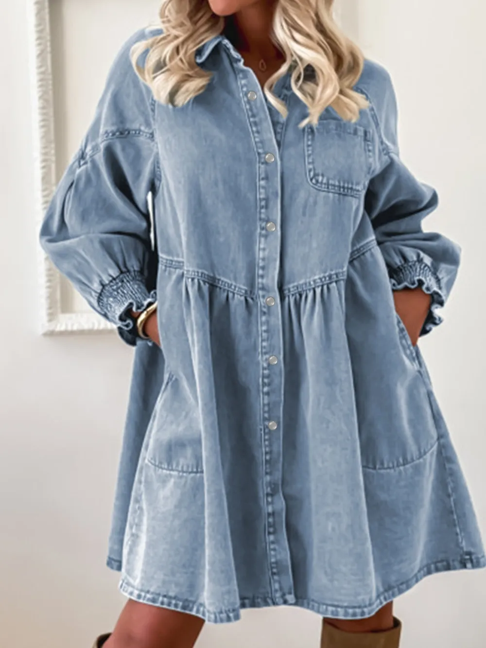 Button-Up Denim Shirt Dress with Smocked Cuffs, image 2