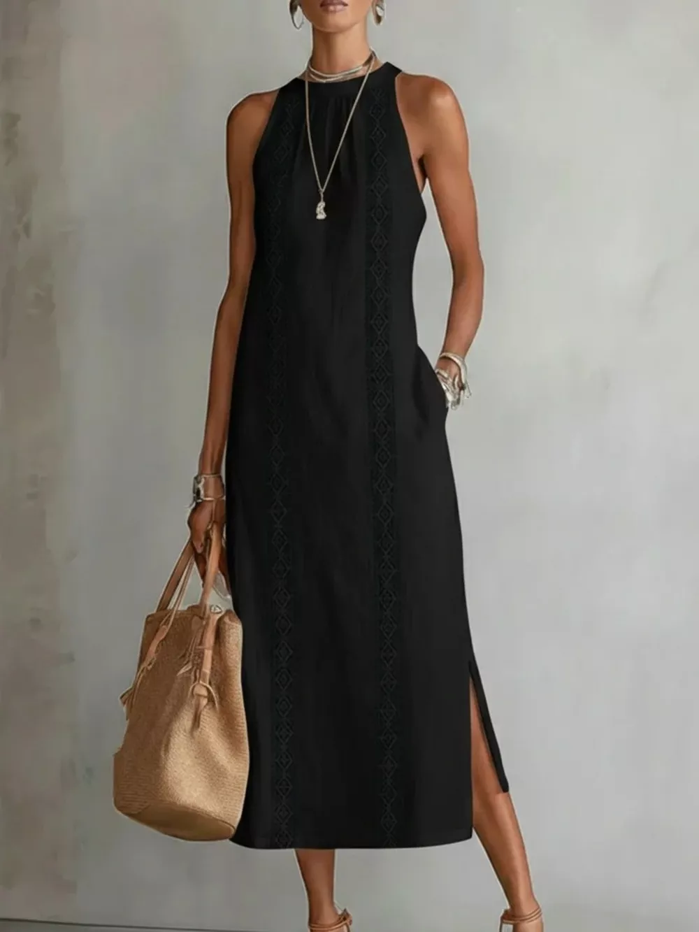 Full Size Sleeveless Lace Trim Midi Dress Plus Size, image 3