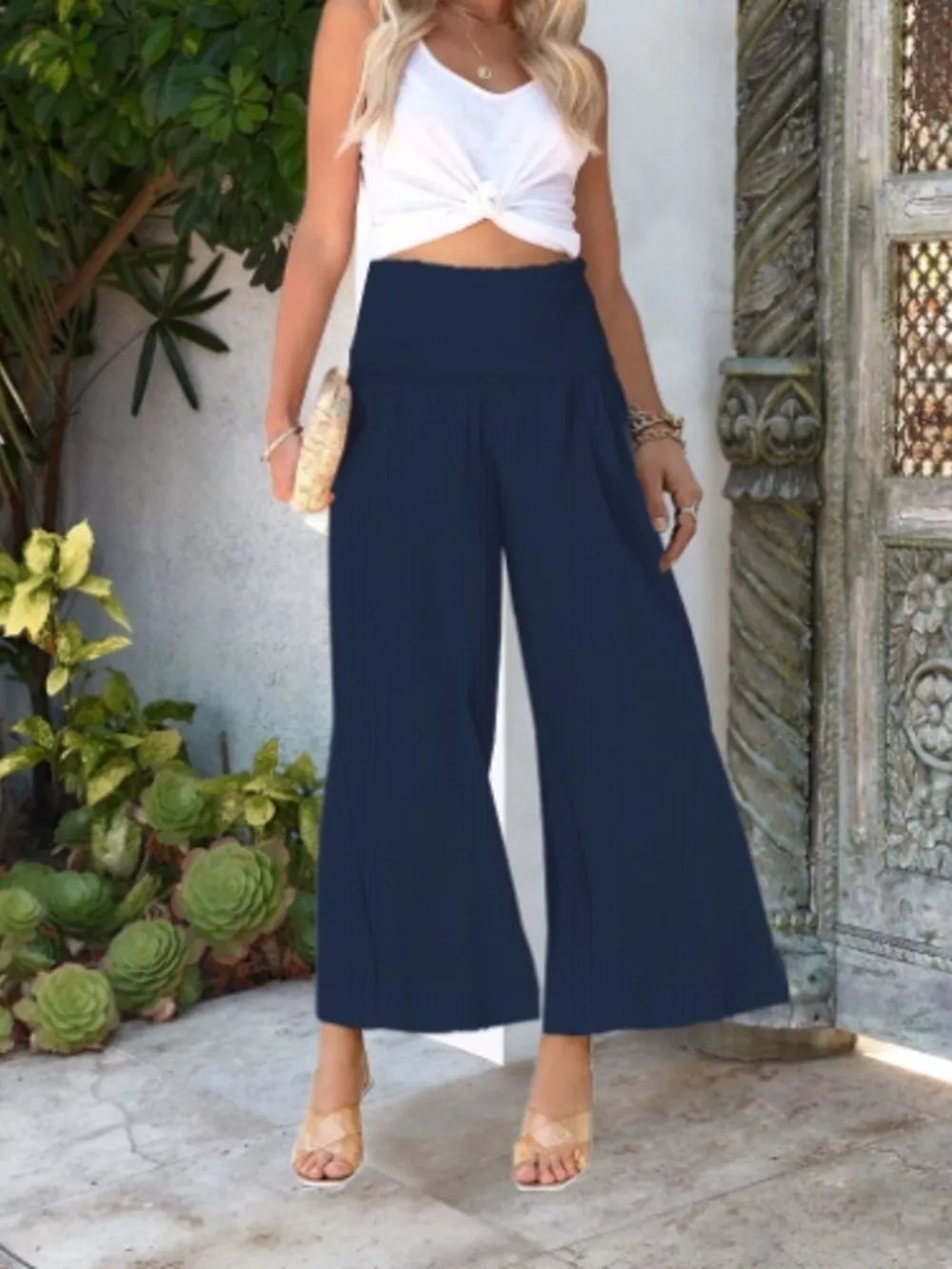 Wide-Leg Smocked Waist Pants, image 21