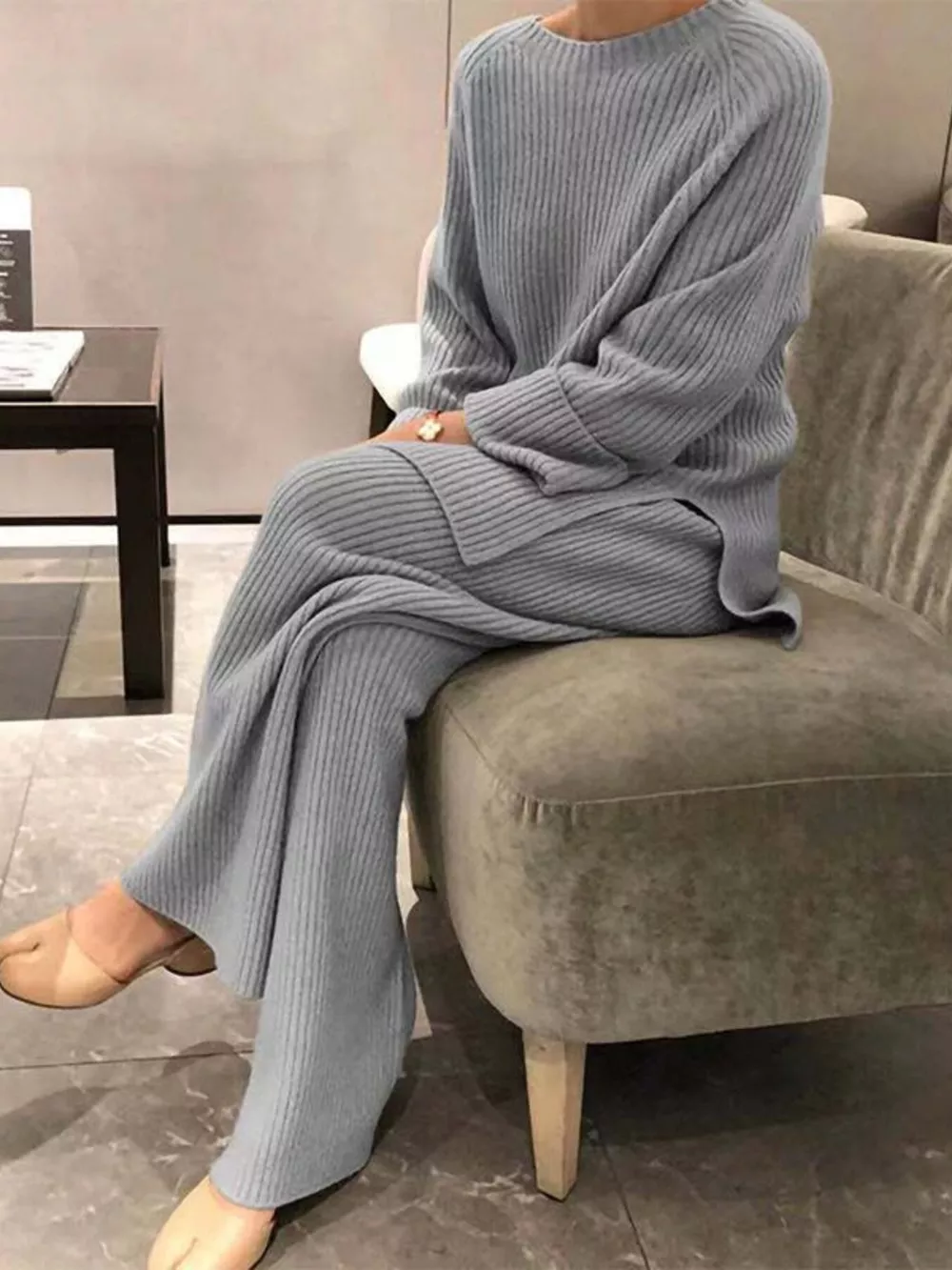 Full Size Ribbed Knit Relaxed Fit Top and Pants Sweater Set Plus Size, image 2