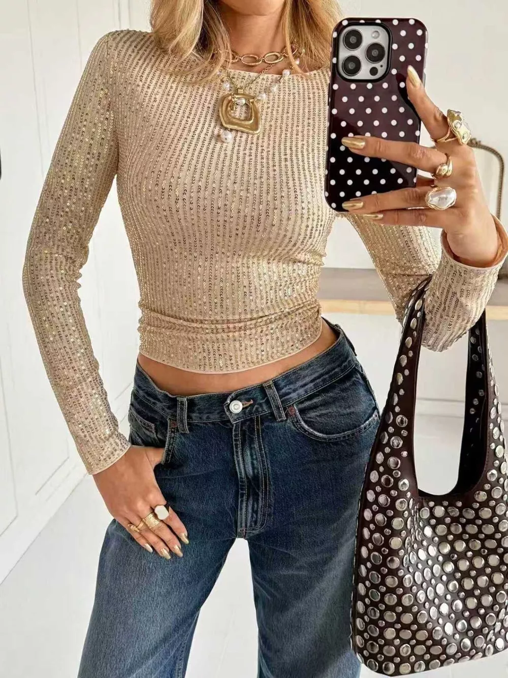 Sequin Long Sleeve Crop T-Shirt, image 6