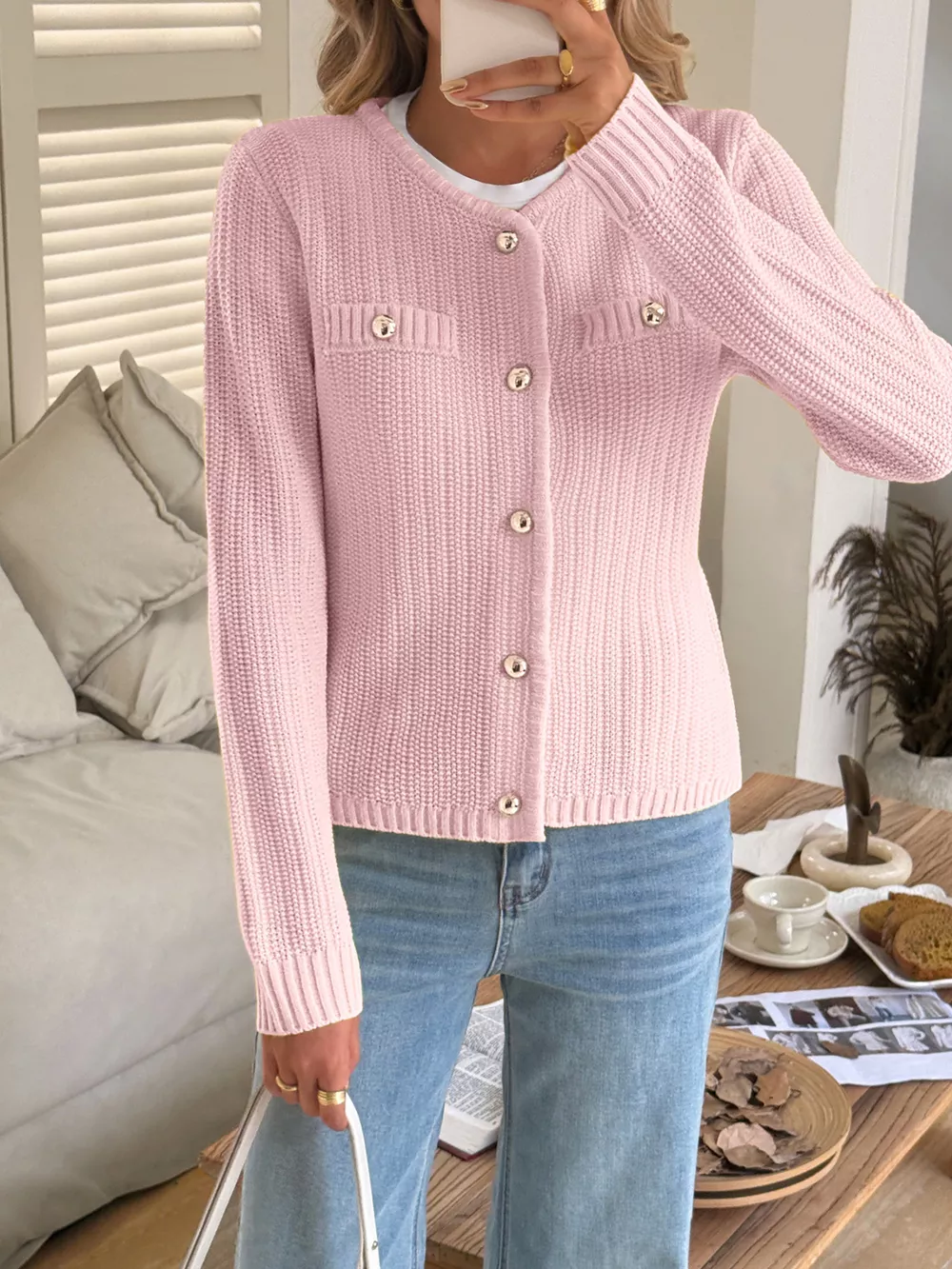 Button-Front Ribbed Long Sleeve Cardigan, image 10